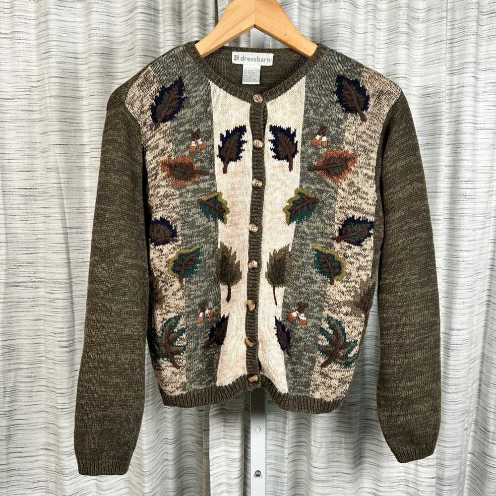Dressbarn Cardigan Fall Sweater Green Womens Medium Leaves Acorn Knit Vintage